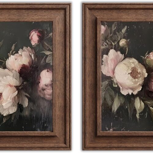 2pcs Vintage Peonies Flower Canvas Wall Art Classical Dark Pink Peonies Pictures Wall Decor Retro Moody Floral Botanical Still Life Posters Prints for Living Room Bedroom Room Home Decoration
