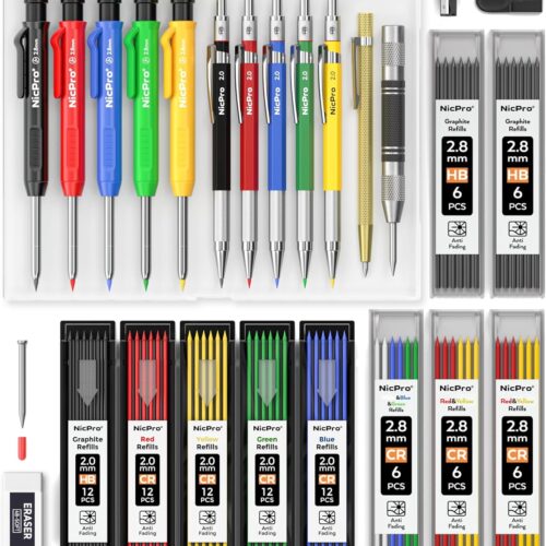 27 Pack Carpenter Pencils for Woodworking, Construction Mechanical Pencil with 100 Refill, Automatic Center Punch and Carbide Scribe Carpenter Tool, Construction Pencil for Carpenters Marking