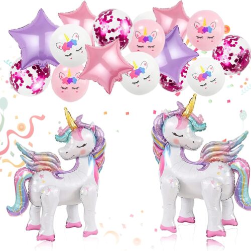 16 Pcs Unicorn Balloons Kit for Birthday Party Decorations - 2 Self Standing 3D Foil Unicorns, 4 Stars & 10 Printed Latex with Tying Tool (No Helium Needed)