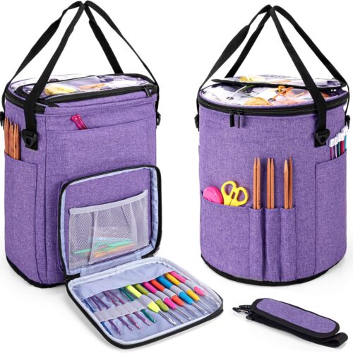 Knitting Tote Bag, Yarn Storage Crochet Bag Organizer for Knitting Needles, Yarn, Unfinished Projects, Crochet Hooks, and Other Supplies, Purple
