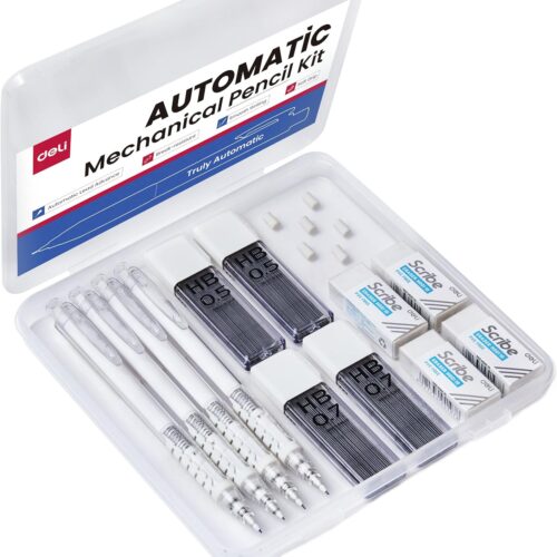 Deli Mechanical Pencils Set, Automatic Lead Advances, 4 Pcs Mechanical Pencils 0.5mm & 0.7mm, 100 Pcs 0.5mm and 100 Pcs 0.7mm Pencil Leads, 4 Erasers and 6 Eraser Refills, School Office