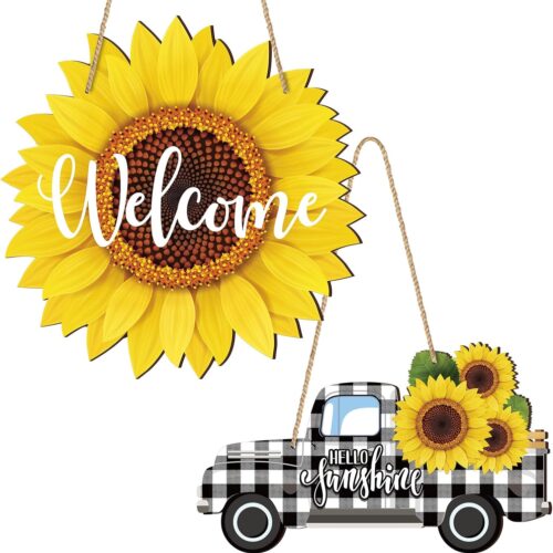 2 Pcs Sunflower Welcome Wood Door Hanger Truck Wooden Hanging Sign Large Wooden Flower Sign Inspirational Wall Porch Art Summer Fall Front Door Wreath Hanging for Bedroom Living Room Indoor Outdoor