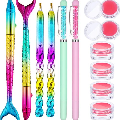 12 Piece Diamond Painting Tool, Include 6 Piece Mermaid Point Drill Pens Classic Point Drill Pen Spiral Diamond Painting Pen, 6 Piece Diamond Painting Wax Storage Case Full of Glue Clay (Pink)