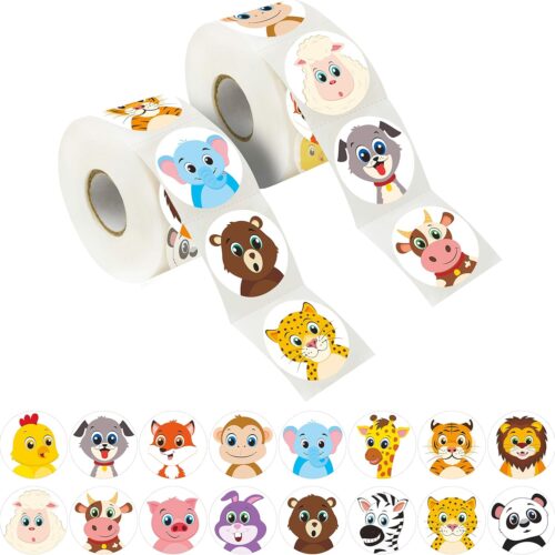 600 Adorable Round Land Animal Stickers in 16 Designs with Perforated Line Expanded Version (Each Measures 1.5" in Diameter)