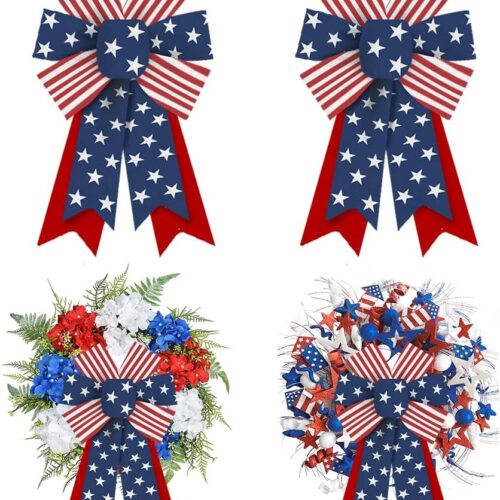 2pcs Patriotic Bows for Wreath, 4th of July Wreath Bows Labor Day Burlap Bows for Front Door, Red White Stripe Blue Patriotic Star Tree Topper Bow for Indoor Outdoor Decoration