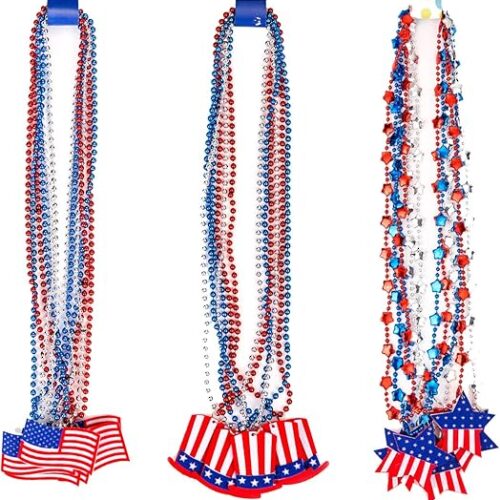4th of July Bead Necklaces Patriotic Metallic Beaded Necklaces with USA Hat American Flag and Star Pendants for Independence Day Memorial Day Sport Event Party Favors, 18Pcs