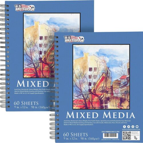 9"x12" Mixed Media Sketchbook, 2 Pack (60 Sheets), 98 lb (160 GSM) - Spiral-Bound Pad with Perforated Acid-Free Paper - Artist Sketch Book for Drawing, Painting, Watercolor