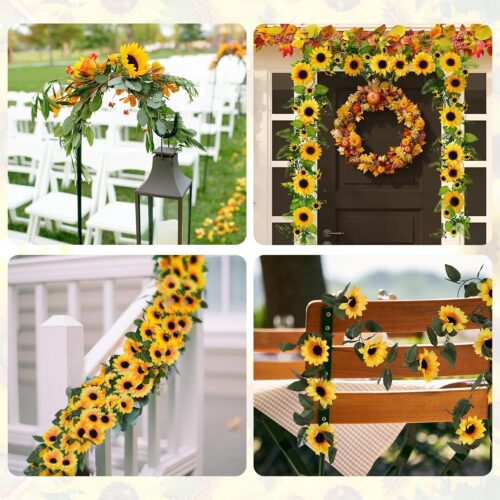4 Pack Sunflower Garland Fall Decor,7.5ft Silk Artificial Sunflower Outdoor Hanging Vines with Green Leaves Garland for Garden Party Table Centerpieces Wedding Decorations