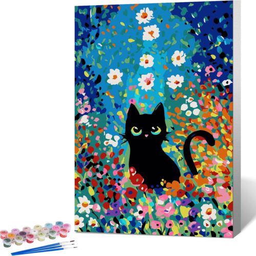 Paint by Numbers Kit for Adults Beginner & Kids Ages 8-12 with Wooden Frame Easy Acrylic on Canvas 8x12 inch with Paints and Brushes, Paint by Numbers Flowers Cat for Gift Home Wall Decor