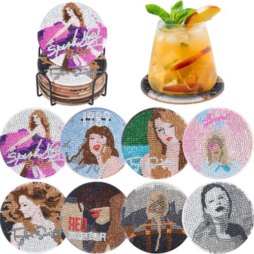 Diamond Painting Coasters Kit, 8 PCS DIY Music Star Diamond Art Coasters with Holder, Diamond Art Kits for Adults, Unique Gift for Music Lovers and Fans