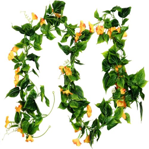 Artificial Morning Glory Flower Vines, 2pcs 15Feet Hanging Plants Silk Garland Fake Green Plant Home Garden Wall Fence Indoor Outdoor Wedding Birthday Decor
