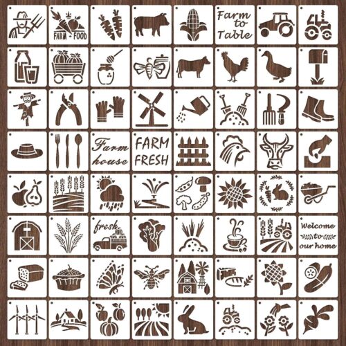 64 Pieces Stencils for Painting, Small Reusable Farmhouse Stencil, Art Craft Template for Painting on Wood, Wall, Fabric, Rock, Chalkboard, Sign, DIY Art Scrapbook Projects(Farm)