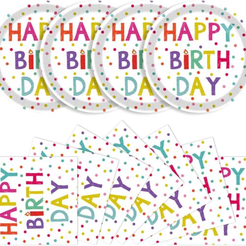 40 Pcs Birthday Plates & Napkins Party Supplies, Disposable Happy Birthday Dots Design Tableware Set for 20 Guests