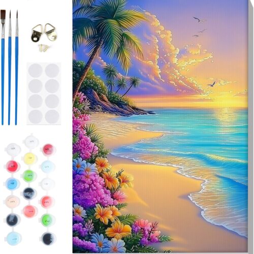 Framed Paint by Numbers Sea for Adults Beginners, Adults' Paint-by-Number Landscape Kits, Easy Adult Paint by Number Kits on Canvas, Acrylic Number Painting for Home Decor, 8x12in