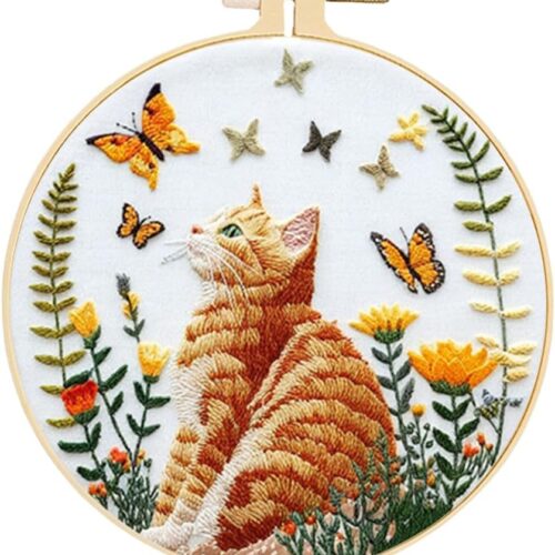 Embroidery Kit for Beginners Adults Includes Stamped Cat Pattern, Hoop, Color Threads,Tools,Easy to Follow Instruction