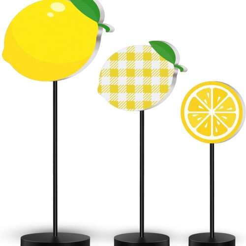 3 Pcs Summer Ocean Tabletop Decor Standing Sea Turtle Lemon Ladybug Easter Bunny Block Wooden Table Centerpiece Sign Coastal Beach Nautical Table Decor for Home Kitchen(Lemon)