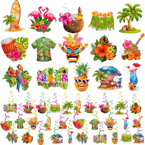 30Pcs Hawaiian Luau Ceiling Hanging Decorations, Aloha Flamingo Palm Trees Hibiscus Swirls, Summer Decorations for Party, Birthday and More