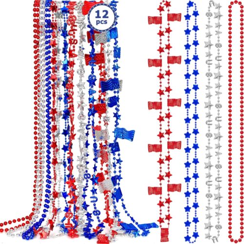 4th of July Necklace Accessories, 12PCS Fourth of July Beads Necklaces Bulk, Independence Day Red Blue White Stars USA Flags Necklace, Patriotic Bulk for Parade Party Favors Decorations