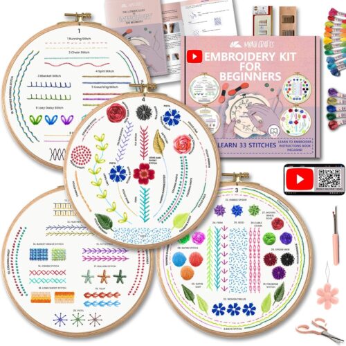 Embroidery Kit for Beginners – DIY Hand Embroidery Set for Adults and Kids with 4 Stamped Patterns, Hoop, Threads, Needles and Step-by-Step Stitch Guide to Learn 33 Stitches