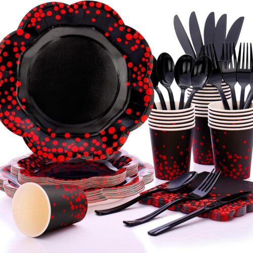 175PCS Red and Black Party Decorations,Red Dot on Black Paper Plates and Napkins,Halloween Plates for Graduation Birthday Baby Shower Wedding Anniversary Halloween Party Decorations,Serves 25