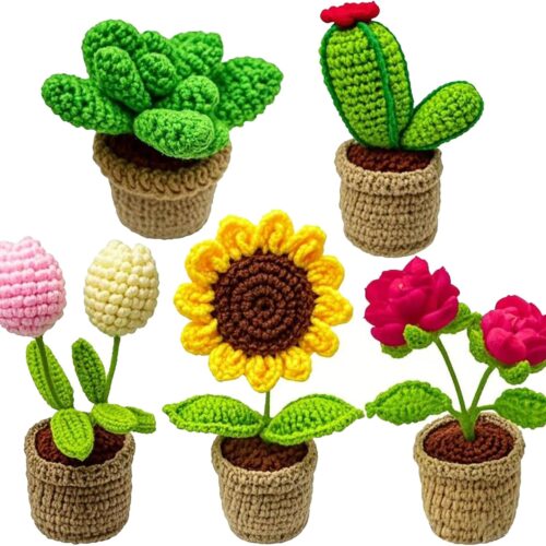 5PCS Crochet Kit for Beginners, Learn to Crochet Kits for Adults and Kids, Starter Craft Knitting Flower Kit with Step-by-Step Video Tutorials - Plants Family