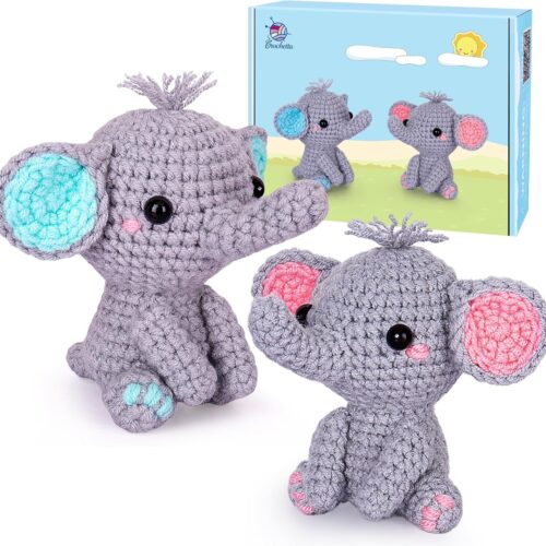 Crochet Kit for Beginners, Beginner Crochet Starter Kit with Step-by-Step Video Tutorials, Learn to Crochet Kits for Adults Kids, DIY Knitting Supplies, 2 Pack Elephant Family (40%+ Yarn)