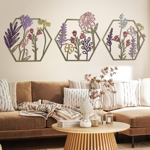3 Pcs Metal Flower Wall Decor Minimalist Floral Wall Hanging Decor Meta Flower Art Floral Decor for Living Room Bathroom Kitchen Indoor Outdoor(Colorful)