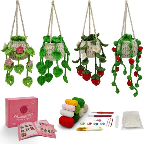 Crochet Kit for Beginners with Step-by-Step Video Tutorials,Beginners Starter Crochet Succulent Plant Kit for Adults Kids,Learn to Crochet Set (Hanging Plants)