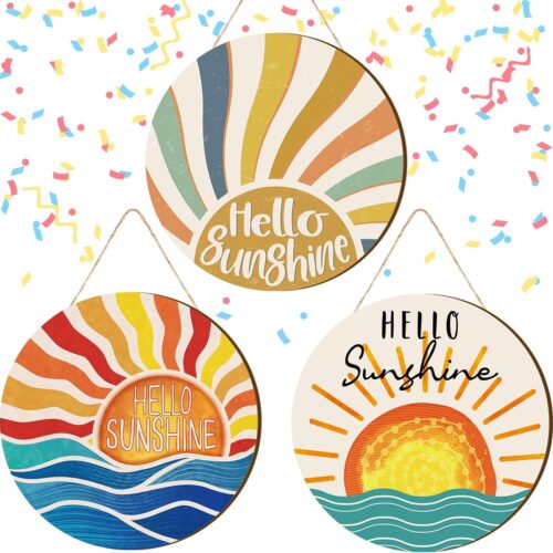 3 Pcs Summer Decor Hello Sunshine Front Door Decor Hello Sunshine Wreath Front Door Rustic Wooden Sign Hanger for Farmhouse Porch Home Summer Spring Wall Decorations, 12 Inch