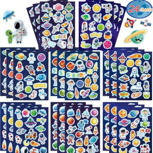 24 Sheets Space Themed Sticker Set - 8 Planets, Astronauts, Spaceships, and Rockets Explore Space Stickers for Kids Outer Space Themed Party Favors