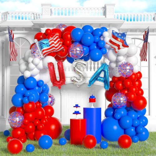 4th Of July Balloon Arch Kit 134Pcs Red White And Blue Balloons Garland With USA Foil Balloons And Patriotic Flag Star Balloons For Memorial Independence Day Baseball Decorations