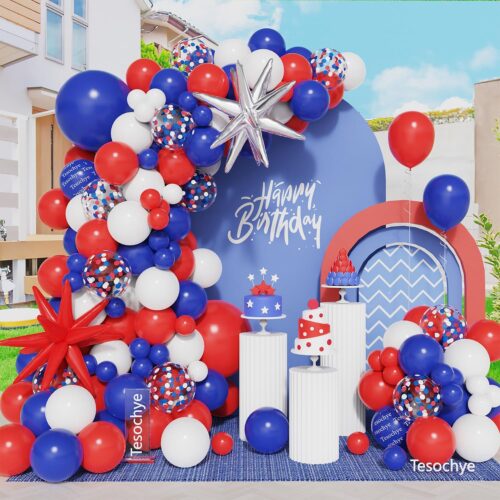 4th of July Balloons Arch Decorations,Red White and Blue Balloons Garland Arch Kit with Exploding Star Foil Balloons for Class of 2025 Patriotic Baseball Nautical Spider Birthday Party Decoration