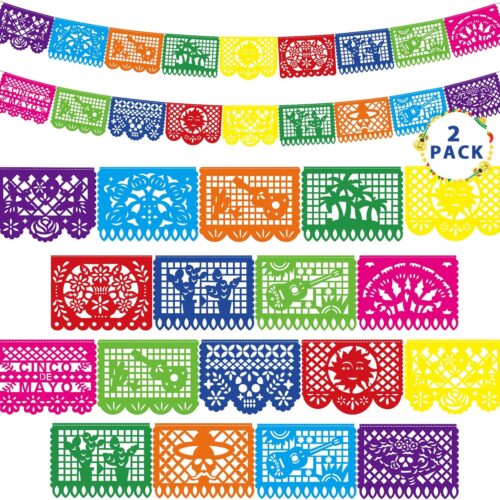 36 FT Cinco De Mayo Decorations, 2 Pack Mexican Party Banner, Plastic Fiesta Banner Colorful Papel Picado Hanging Banner String Flags Mexican Theme Party Dia De Los Muertos Day of the Dead Decor