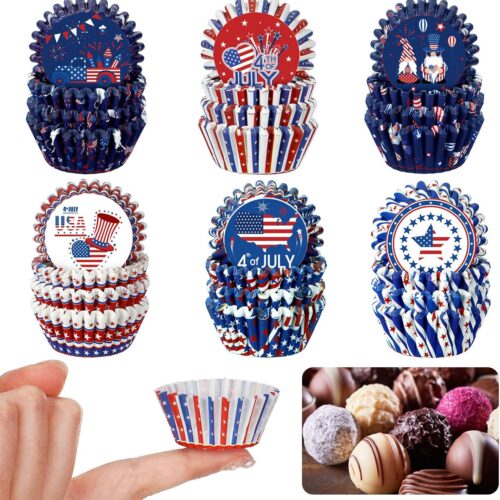 600 Counts Patriotic Mini Cupcake Liners Blue Candy Making Suppsly Star Flag Gnome Baking Supplies Truck Top Hat Cupcake Liner Independence Day Mini Baking Cups Patriotic Candy Paper Wrapper, 6 Styles
