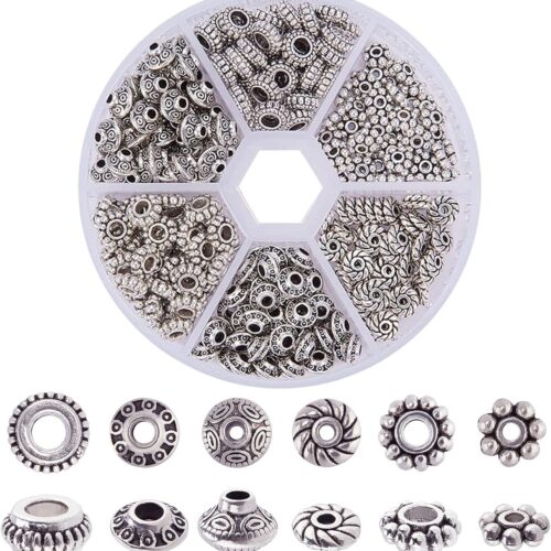 300pcs 6 Style Antique Silver Spacer Beads, Tibetan Metal Alloy Tube Spacers Flower Flat Rondelle Small Loose Beads for Bracelet Necklace Earring Jewelry Making Supplies