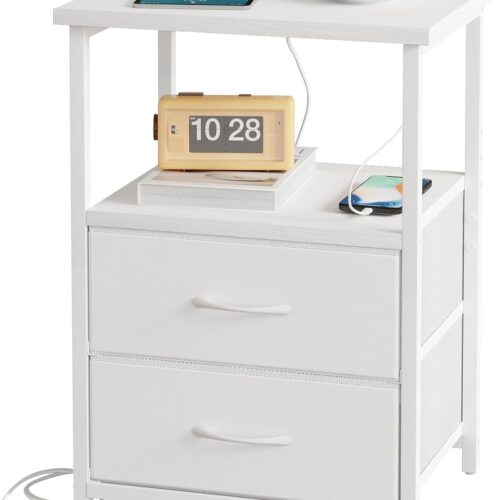 White Night Stand with Charging Station, Bedroom Nightstand with Fabric Drawers, Bedside Table with PU Finish