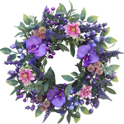 Wreaths for Front Door 20 inch Spring Summer Wreath with Purely Handmade Phalaenopsis Orchids, Large Berries, Mixed Purple Berrie Decor for Farmhouse, Outdoor, Porch, Wall Window Decor All Year Round