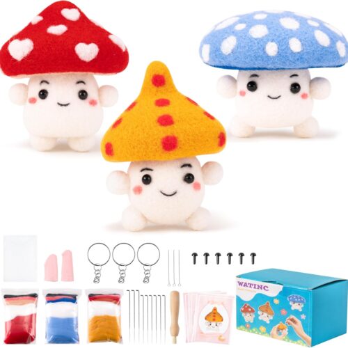Mushroom Wool Needle Felting Kit - Set of 3 Red Blue Yellow Mushroom Doll Wool Felt Needle Felting Tools Foam Pad, DIY Home Decoration Needle Felting Craft Party Supplies for Beginners