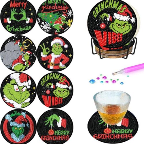 8 PCS Diamond Art Christmas Coasters,5D DIY Christmas Diamond Painting Coasters Kit for Adults with Holder,Round Full Drill Coaster Sets for Home Decor