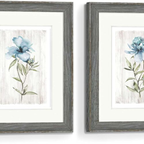 Framed Wall Art Living Room: Modern Bedroom Bathroom Office Abstract Watercolor Flower Artwork Contemporary Minimalist Botanical Painting 2 Piece Aesthetic Blue Floral Pictures Print