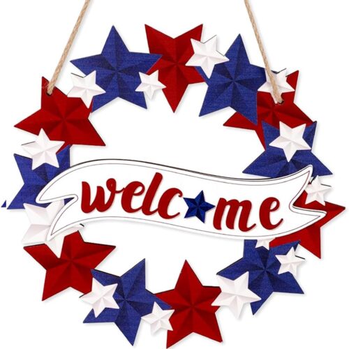 4th of July Welcome Wreath for Front Door Decor 12inch Wooden Red White and Blue Star Hanging Sign, Fourth of July Patriotic Memorial Day Independence Day Porch Home Wall Outside Decorations