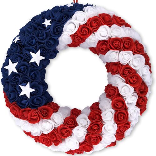 18Inch 4th of July Patriotic Roses Wreath, DILIBRA Red Blue White Foam Flower Wreath for Front Door, Artificial Memorial Day American Flag Wreath Garland Decoration for Indoor and Outdoor