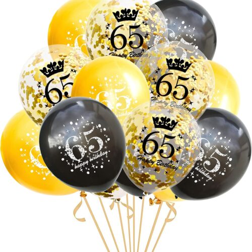 65th Birthday Balloon 65 Years Black Gold Latex Confetti Printed Number Balloons Men And Women Happy Birthday Theme Party Decorations 15 Pieces 12 Inch