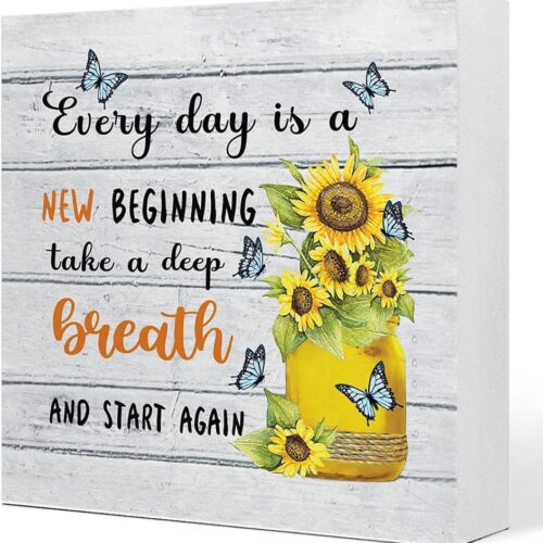 Everyday Is A New Beginning Farmhouse Sunflowers Wooden Sign Desk Decor, Inspirational Wood Block Signs for Home, Bedroom, Office