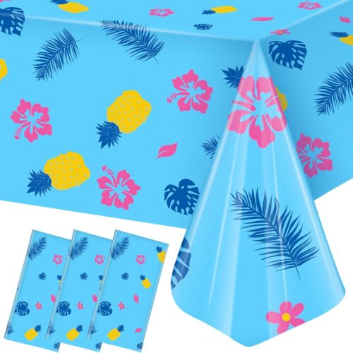 3 Pcs Hawaiian Element Pattern Party Tablecloths 108 x 54 Inches Blue Pink Yellow Cartoon Birthday Party Plastic Table Cover Happy Birthday Supplies Decorations