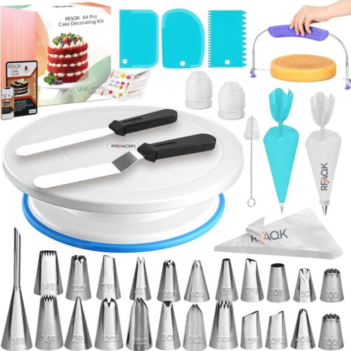 64 PCs Cake Decorating Kit for Beginners Includes Video Course, Booklet + Baking Supplies Gift - Cake Stand, Leveler, 24 Numbered Piping Tips, Straight & Offset Spatula, & Scraper sets