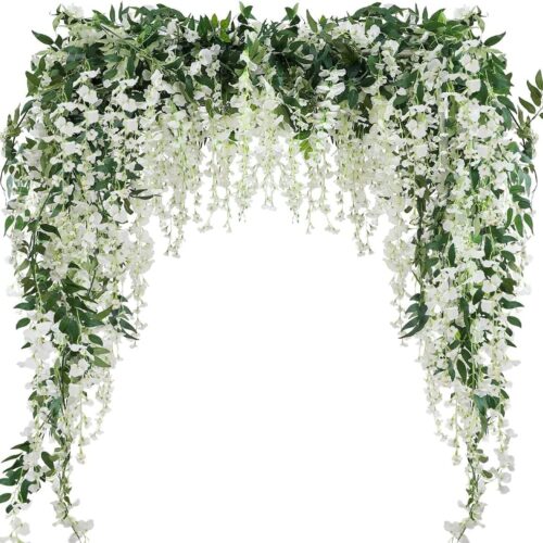 3Pcs 7.2Ft/Piece Artificial Flowers Wisteria Garland Artificial Wisteria Vine Hanging Flower Greenery Garland for Home Garden Outdoor Wedding Arch Floral Decor (White)