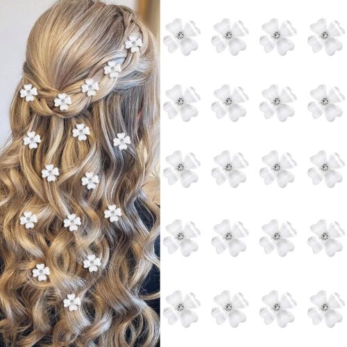 20Pcs Mini White Flower Hair Clips with Rhinestone Cute Hair Pins Decorative Hair Clips Wedding Hair Barrettes Bridal Hair Accessories for Girls Women