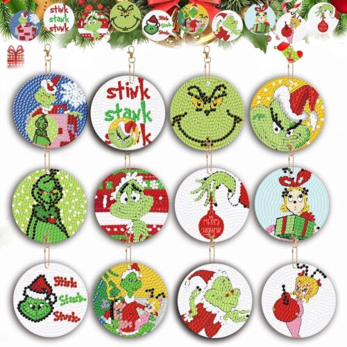 12Pcs Christmas Diamond Painting Keychain Kit Christmas Diamond Art Accessories DIY 5D Christmas Holiday Diamond Hanging Ornament Decoration Craft for Christmas Gift