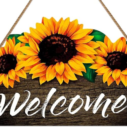 Welcome Sign for Front Door - 8" x 12" Sunflower Welcome Sign Rustic Summer Fall Front Door Wreath Hanging for Front Porch Bedroom Living Room Indoor Outdoor Kitchen Home Decor